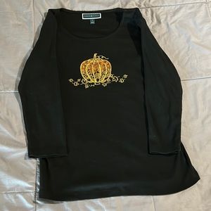 Three Quarter Sleeve Rhinestone Glitter Pumpkin Shirt with Leaves